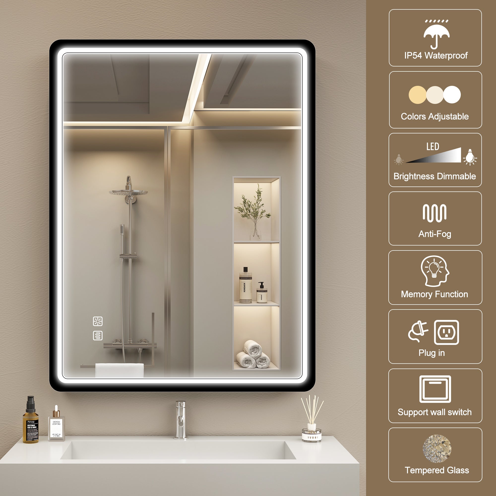S'BAGNO 28x40in LED Mirror for Bathroom, Anti-Fog, 3 Colors Temperature
